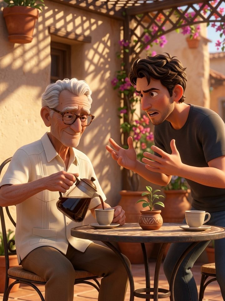 Mr. Bufetico pours coffee on his terrace while his grandson explains something to him